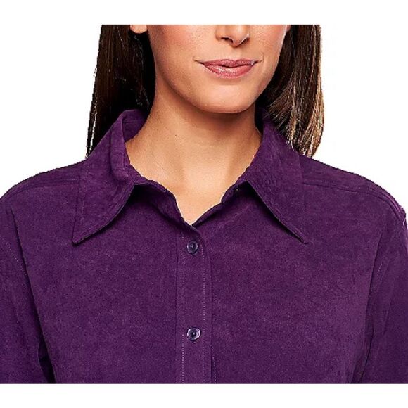 Denim & Co Womens 3X Stretch Faux Suede Button Front Big Shirt Blue Iris NWT - Picture 4 of 4